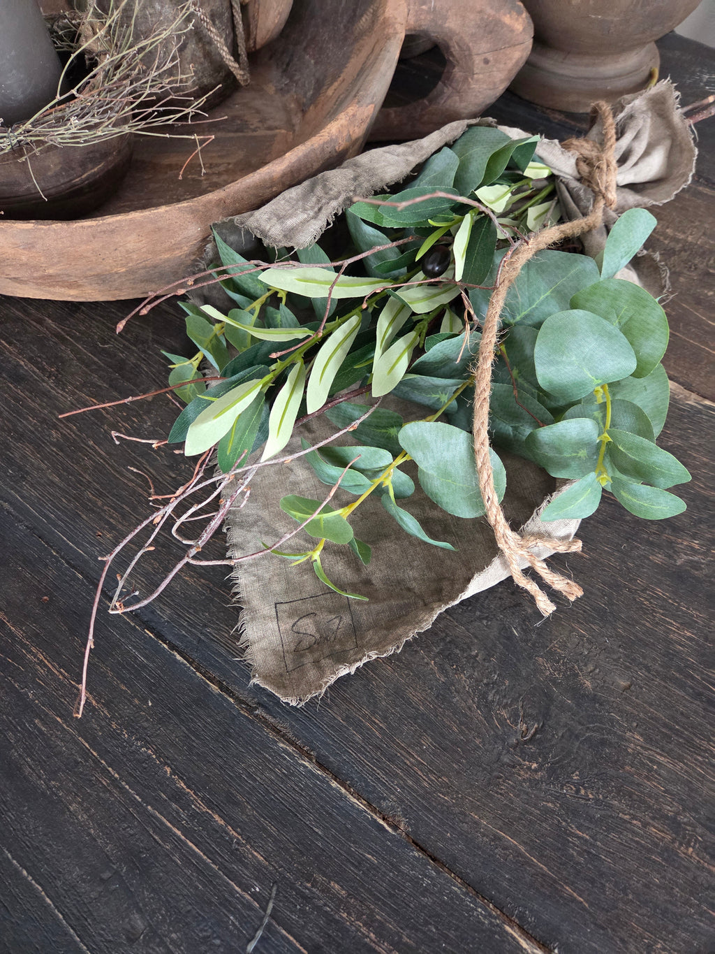 Toef met shabby doek olijf en eucalyptus