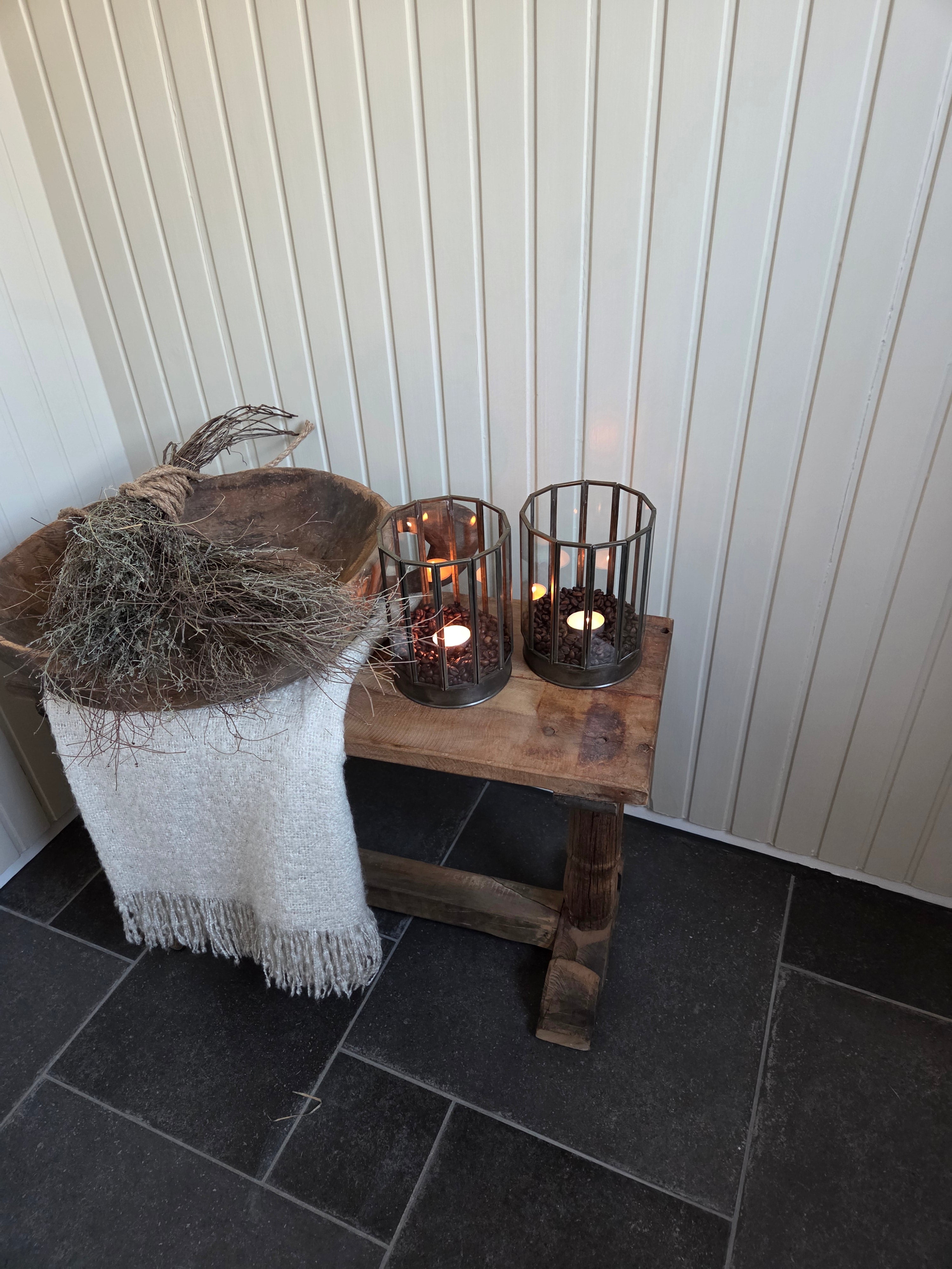 Set van 2 glazen windlichten, messing